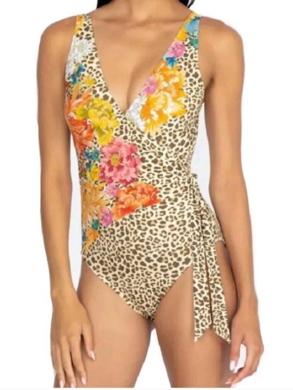 Johnny Was Leopard & Floral Print One Piece Wrap Swimsuit Size XS